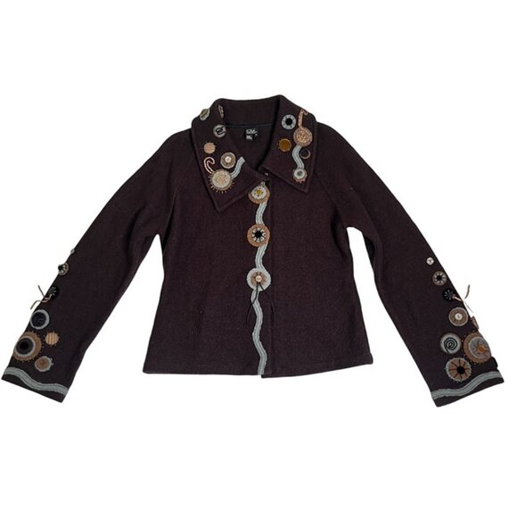 CoVelo sweater jacket women's L brown 100% wool embellished wearable art - Picture 1 of 11